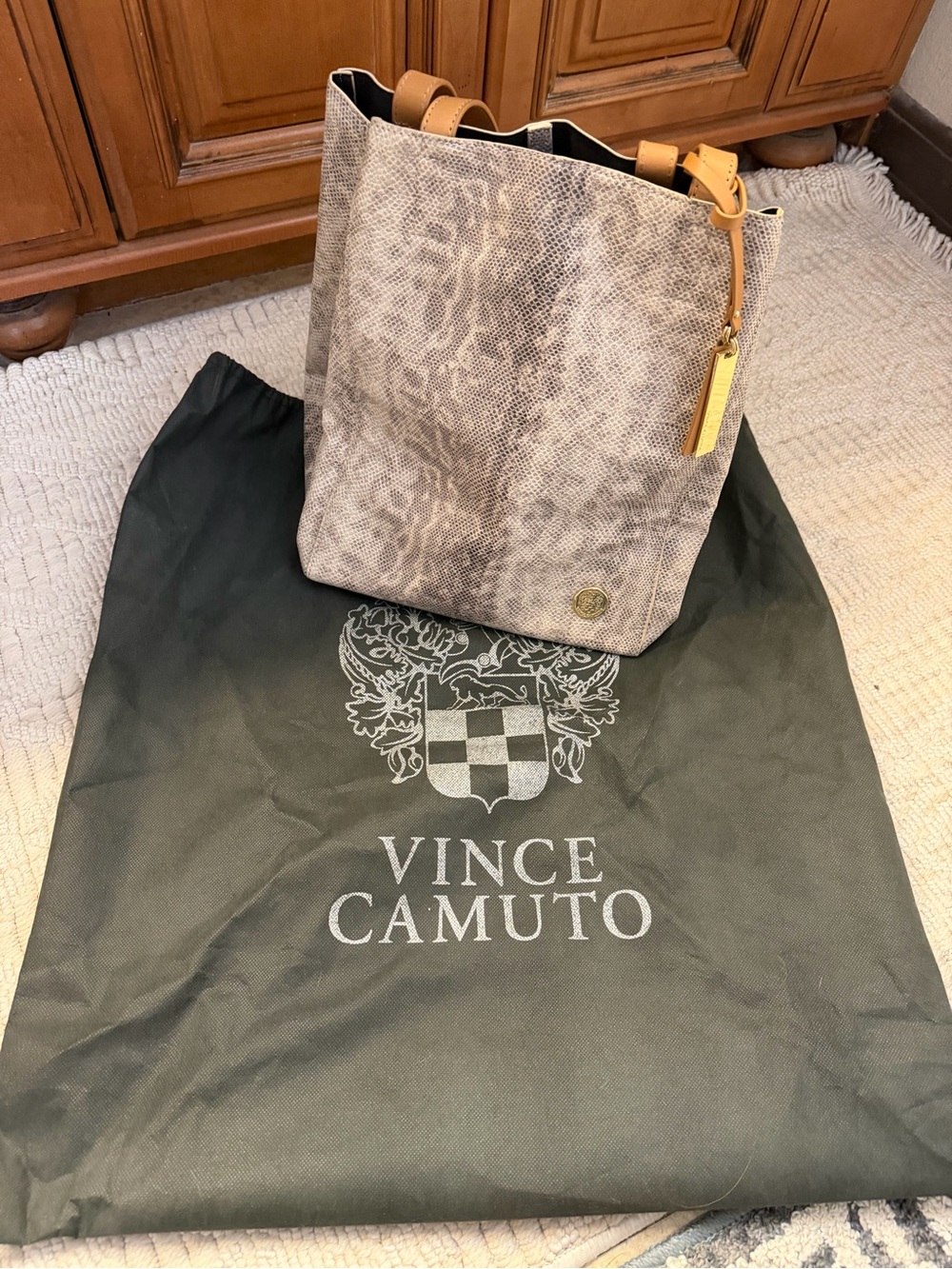 Vince Camuto Taupe Snake-Print Tote with Tan Accents